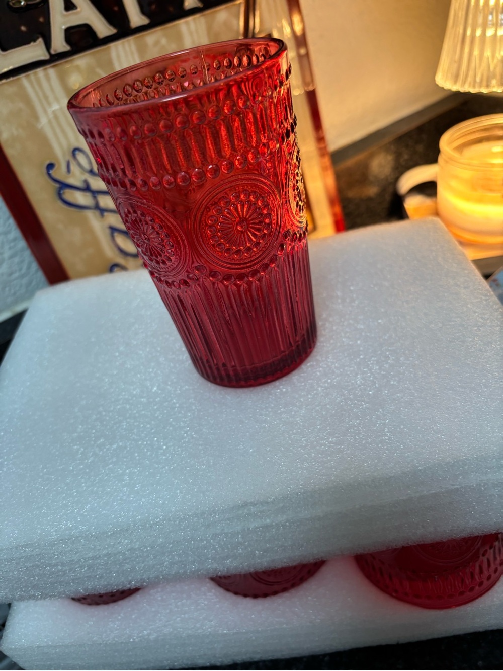 Set of 6 Decorative Red Pressed Glass Tumblers - Picture 5 of 5